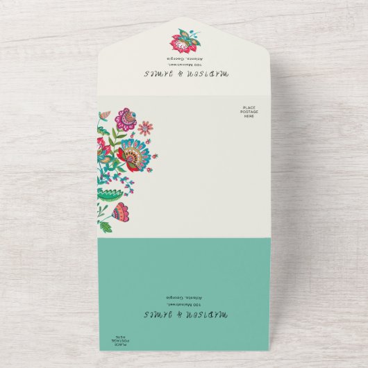 Folk Bloemen Boho Turquoise Fiesta bruiloft All In One Uitnodiging (Buitenkant)