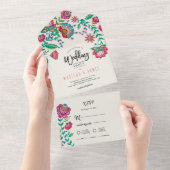 Folk Bloemen Boho Turquoise Fiesta bruiloft All In One Uitnodiging (Afscheurbaar)