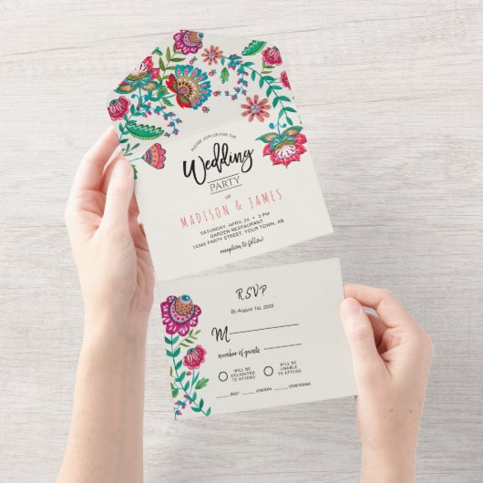 Folk Bloemen Boho Turquoise Fiesta bruiloft All In One Uitnodiging (Afscheurbaar)