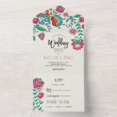 Folk Bloemen Boho Turquoise Fiesta bruiloft All In One Uitnodiging (Binnen)