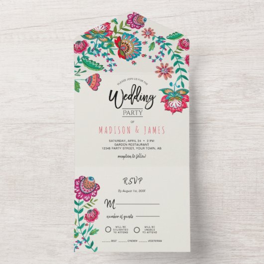 Folk Bloemen Boho Turquoise Fiesta bruiloft All In One Uitnodiging (Binnen)