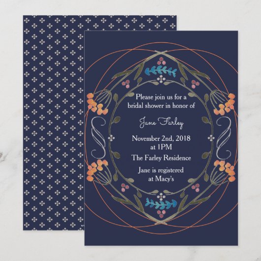 Folk Bloemen Uitnodiging w / marine (Voorkant / Achterkant)