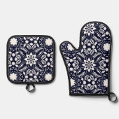 Folk Bloemmotief Navy Wit Nordic Patroon Ovenwant & Pannenlap Set (Voorkant)