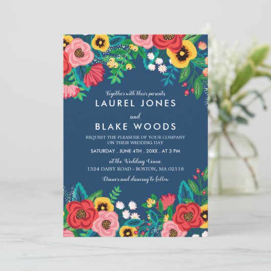 Folk Boeketten - Deep Blue & Red Boho Bruiloft Kaart (Staand voorkant)