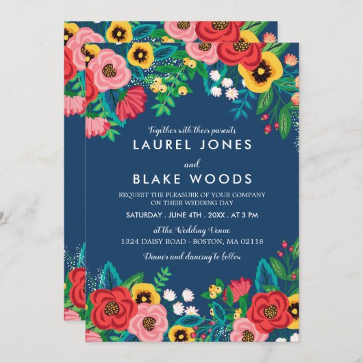 Folk Boeketten - Deep Blue & Red Boho Bruiloft Kaart (Voorkant / Achterkant)