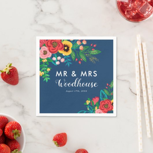 Folk Bouquet - Blue Boho Mr & Mrs Wedding Servetten (Insitu)