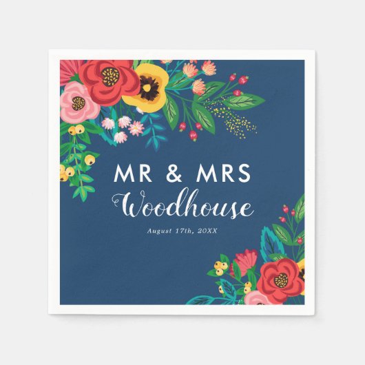 Folk Bouquet - Blue Boho Mr & Mrs Wedding Servetten (Voorkant)