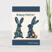 Folk Bunnies Navy Bloemen Happy Easter Custom Kaar Kaart (Voorkant)