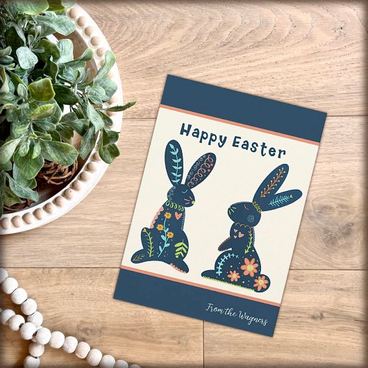 Folk Bunnies Navy Bloemen Happy Easter Custom Kaar Kaart