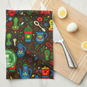 Folk coffee pattern — emerald, red & cobalt accent theedoek (Quarter Fold)