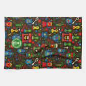 Folk coffee pattern — emerald, red & cobalt accent theedoek (Horizontaal)