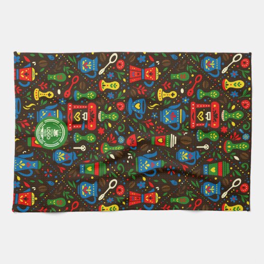 Folk coffee pattern — emerald, red & cobalt accent theedoek (Horizontaal)