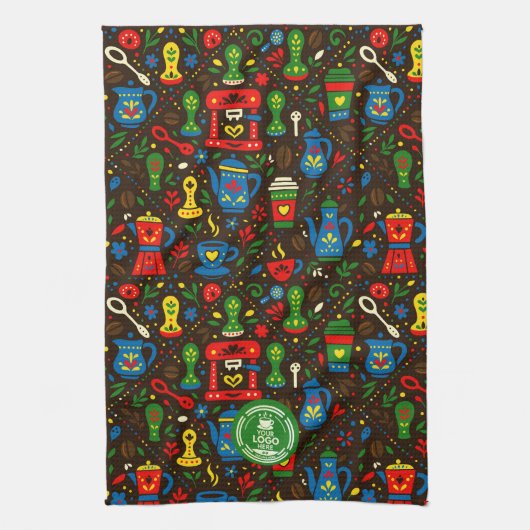 Folk coffee pattern — emerald, red & cobalt accent theedoek (Verticaal)