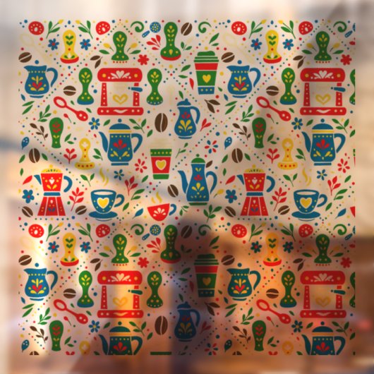 Folk coffee pattern on light background raamsticker (Vel 2)