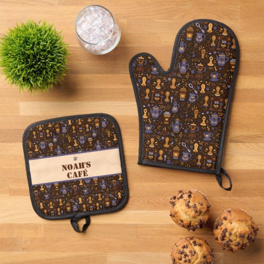 Folk coffee tools — cocoa brown with caramel ovenwant & pannenlap set (Top down)