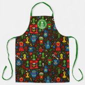 Folk coffee tools — emerald, red & cobalt on black schort (Voorkant)