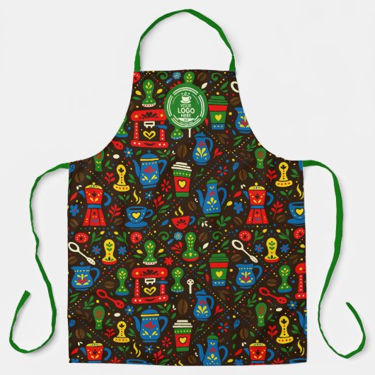 Folk coffee tools — emerald, red & cobalt on black schort (Voorkant)