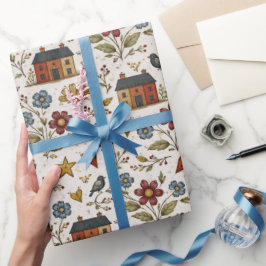 Folk Cottage Hearts Garden Pattern Cadeaupapier