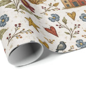 Folk Cottage Hearts Garden Pattern Cadeaupapier (Rol Hoek)