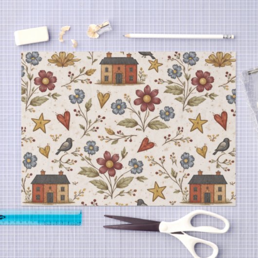 Folk Cottage Hearts Garden Pattern Tissuepapier (Craft)