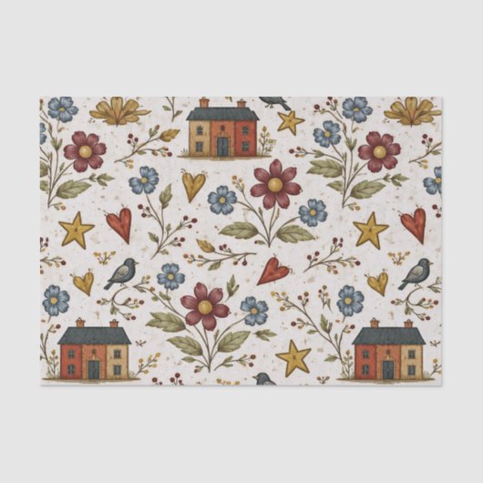 Folk Cottage Hearts Garden Pattern Tissuepapier (Voorkant)