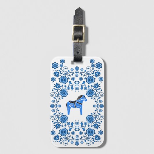 Folk Dala horse floral flower design/white B Bagagelabel (Voorkant (verticaal))