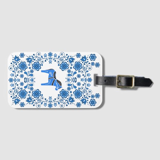 Folk Dala horse floral flower design/white B Bagagelabel (Voorkant (horizontaal))
