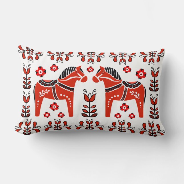 Folk Dala Horse/Folk floral, white/black/red Kussen (Voorkant)