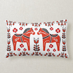 Folk Dala Horse/Folk floral, white/black/red Kussen