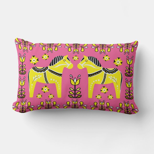Folk Dala Horse/Folk floral, white/roze/yellow Kussen (Voorkant)