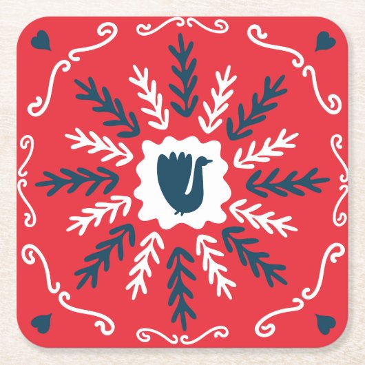 Folk Doodle Art Kerst Tegel Kartonnen Onderzetters (Voorkant)