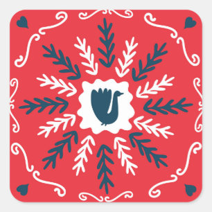 Folk Doodle Art Kerst Tegel Vierkante Sticker