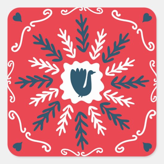 Folk Doodle Art Kerst Tegel Vierkante Sticker (Voorkant)