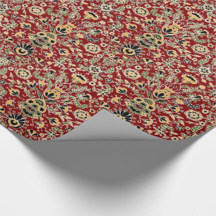 Folk Embroidery Yellow, groen, zwart op Deep Red Cadeaupapier