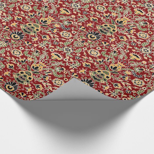 Folk Embroidery Yellow, groen, zwart op Deep Red Cadeaupapier (Hoek)