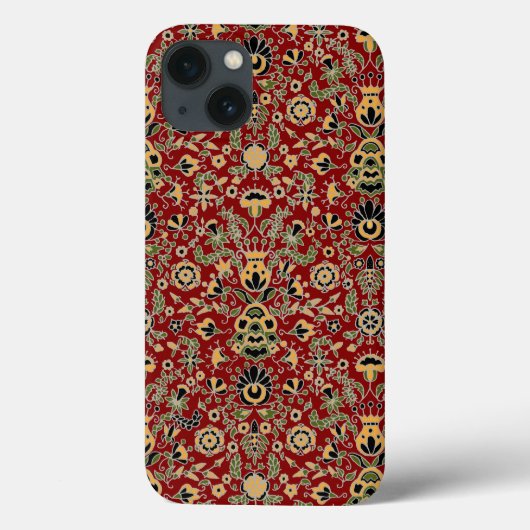 Folk Embroidery Yellow, groen, zwart op Deep Red Case-Mate iPhone Case (Achterkant)