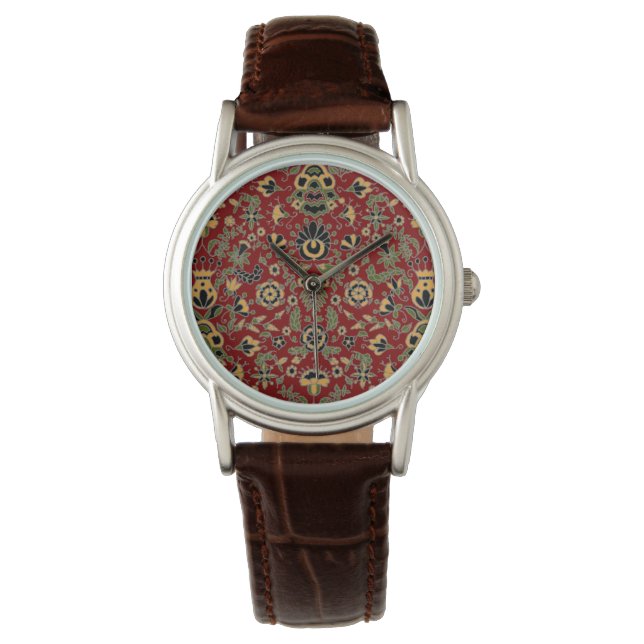 Folk Embroidery Yellow, groen, zwart op Deep Red Horloge (Voorkant)