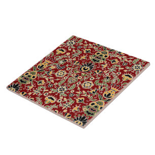 Folk Embroidery Yellow, groen, zwart op Deep Red Tegeltje