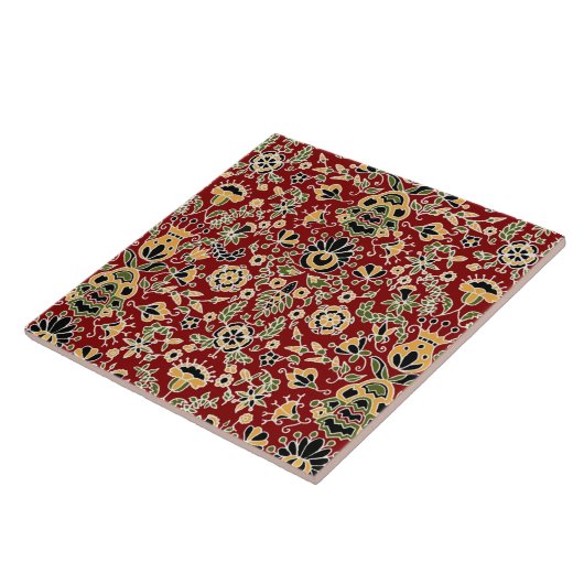 Folk Embroidery Yellow, groen, zwart op Deep Red Tegeltje (Zijkant)