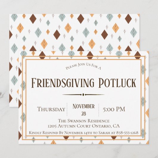 Folk Fall Leaves Friendsgiving Potluck Invitation Kaart (Voorkant / Achterkant)