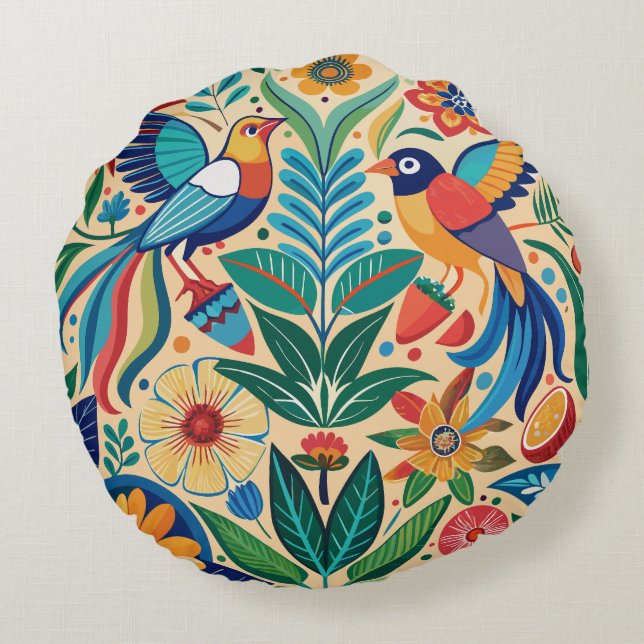 Folk Flora & Fauna Rond Kussen (Achterkant)