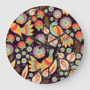 Folk Floral Birds Ornament Grote Klok