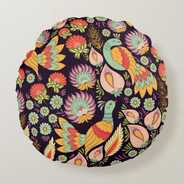  Folk Floral Birds Ornament Rond Kussen (Voorkant)