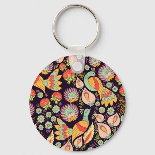 Folk Floral Birds Ornament Sleutelhanger (Voorkant)
