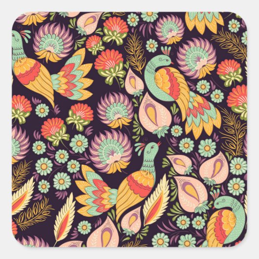 Folk Floral Birds Ornament Vierkante Sticker (Voorkant)