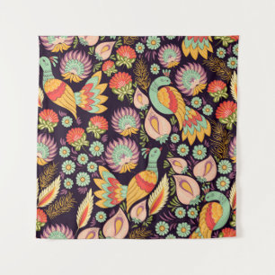  Folk Floral Birds Ornament Wandkleed