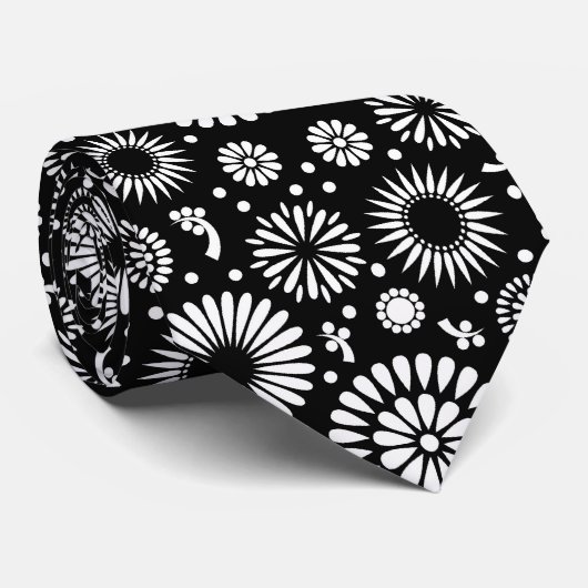 Folk Floral Black and White Sunflower Boho Chic  Stropdas (Opgerold)