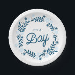 Folk Floral Blue Baby Shower Decor Papieren Bordje<br><div class="desc">Een grote hemel en een blauw Scandinavische marinestische volkskunst inspireerde bloemen om dit bord van zoet baby shower papier te versieren. Viel het baby-aan-zijn geslacht in elegant blauw manuscript op een witte achtergrond.</div>