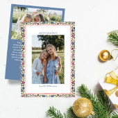 Folk Floral Border Modern Coquette Christmas Photo Feestdagenkaart