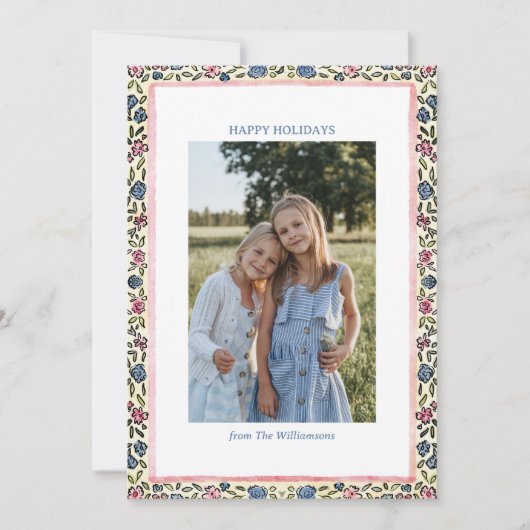 Folk Floral Border Modern Coquette Christmas Photo Feestdagenkaart (Voorkant)